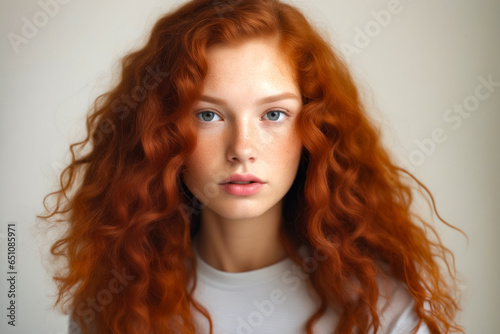 Woman with red hair is looking at the camera.