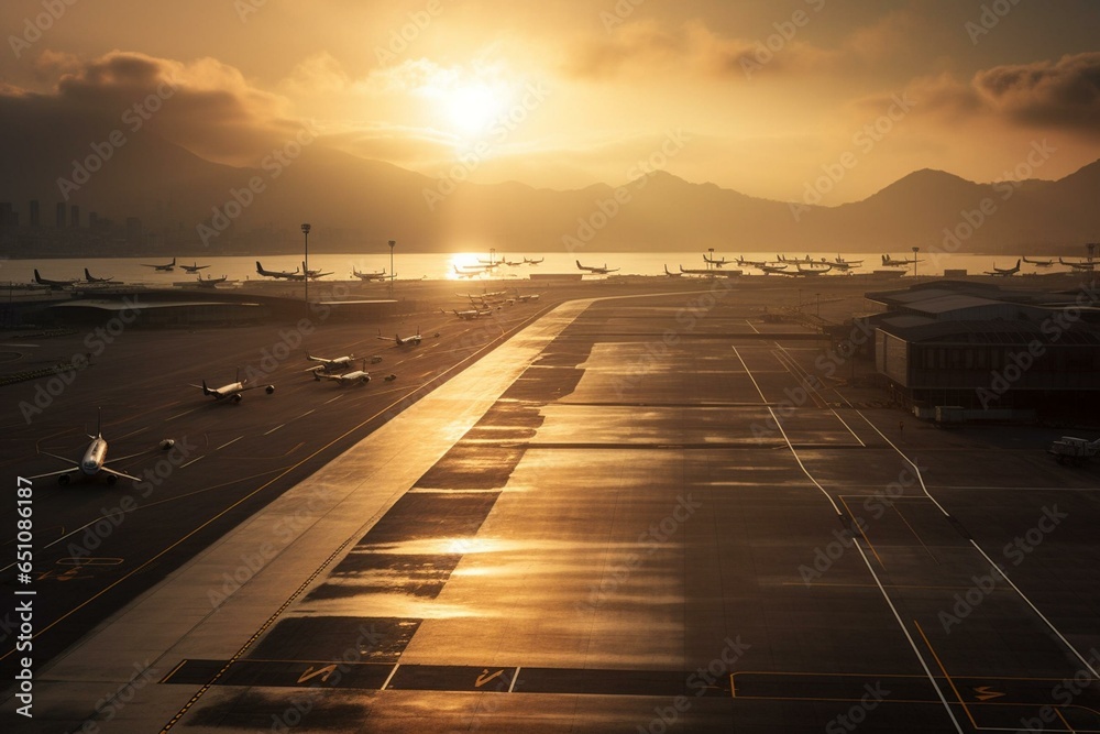 Sunrise lights up Hong Kong airport runway. Generative AI