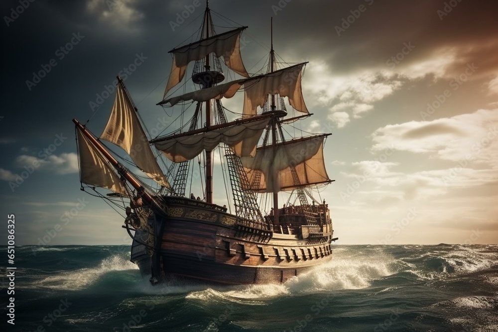 Incredible pirate sailing on magnificent ship. Generative AI