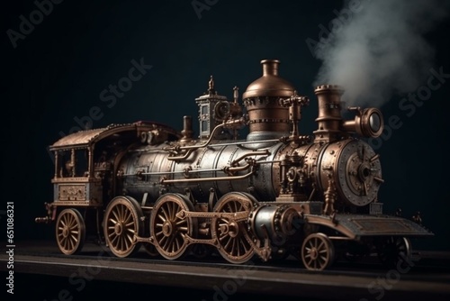 Moving steam engine in steampunk style. Generative AI