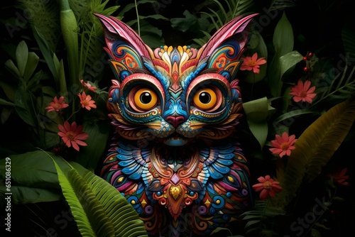 A winged feline soars amidst lush foliage, resembling alebrijes from the film Coco. Generative AI