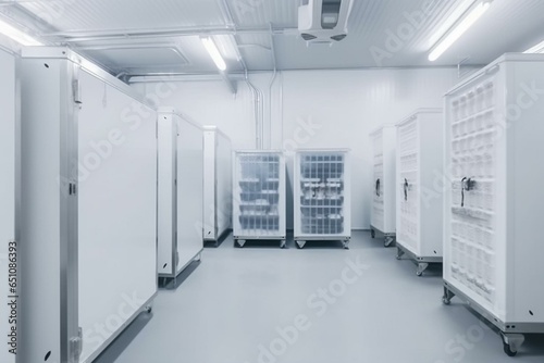 Warehouse freezer with boxes near refrigerated container and cooling system. Racks inside for refrigerated storage. Generative AI