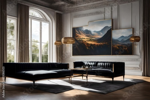 luxury sofa of black colors with white background, on the wall beautiful painting, landscape view seen through the window