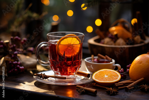 A glass of christmas Mulled wine with aromatic oranges and spices on wooden background. Christmas spirit. Winter hot drink