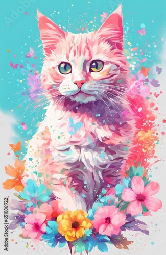 painting of a colorful cat with blue eyes psychedelic art made of flowers digital illustration color Generative AI © nrv