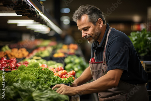 Caucasian male seller puts fresh vegetables and greenery on the shelf