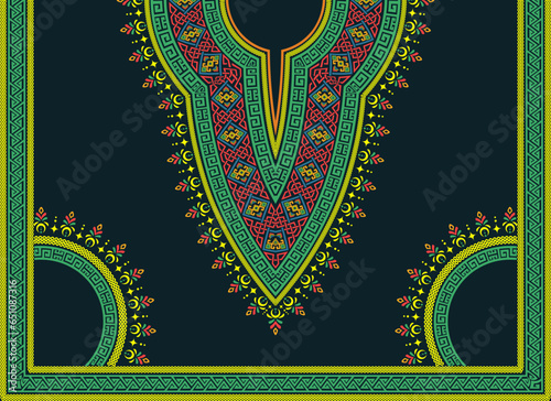 Vibrant ancient intricate neckline pattern for African dashiki shirt. Symmetry pattern design for the neck's clothing with Celtic knot, geometric shapes, and floral tassels on a dark blue background.