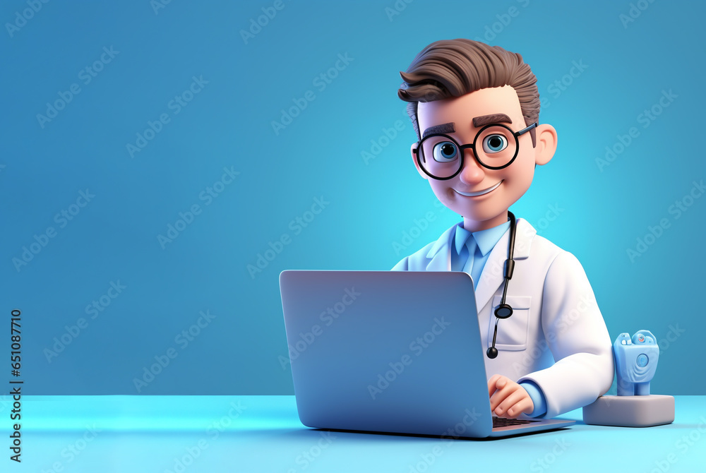 3D cartoon smiling doctor with laptop. Generative Ai