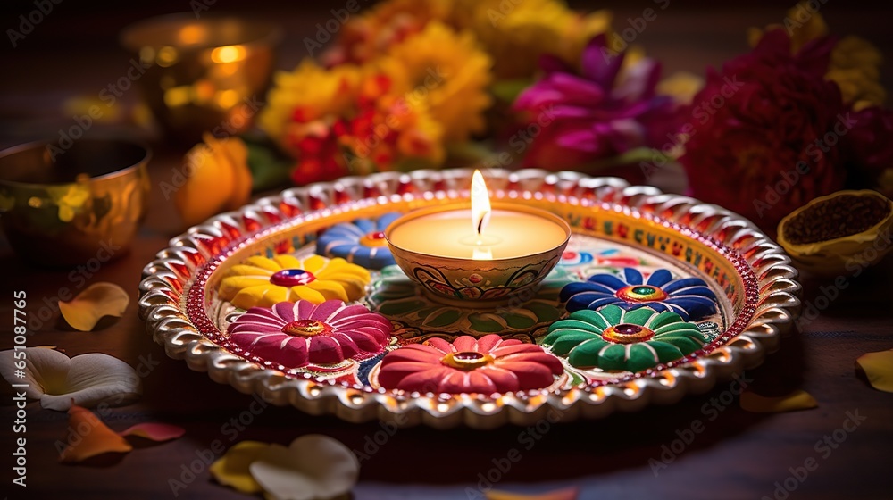 Indian Festival Diwali, Diwali oil lamp and flowers