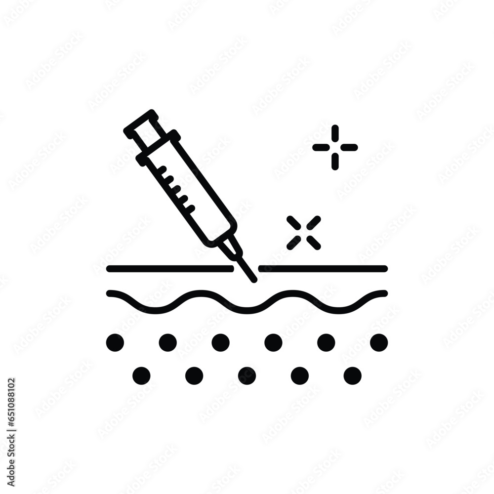 Fototapeta premium Skin Injection Line Icon. Syringe and Structure of Skin Linear Pictogram. Medical, Dermatology Treatment Vaccine, Filler, Hyaluronic Acid Outline Icon. Editable Stroke. Isolated Vector Illustration.