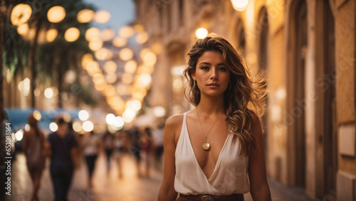Bellissima donna italiana vestita elegante cammina nella strade di Roma la sera vicino ai negozi, luci della città. photo