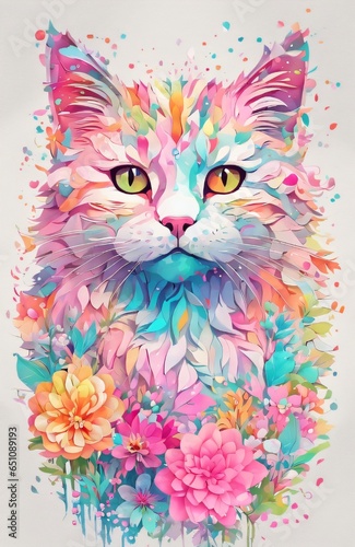 painting of a colorful cat with blue eyes psychedelic art made of flowers digital illustration color Generative AI