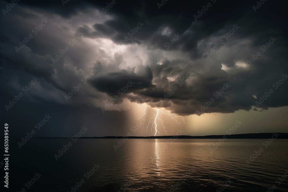 Dark, turbulent sky with ominous clouds. Lightning striking above a body of water. Generative AI