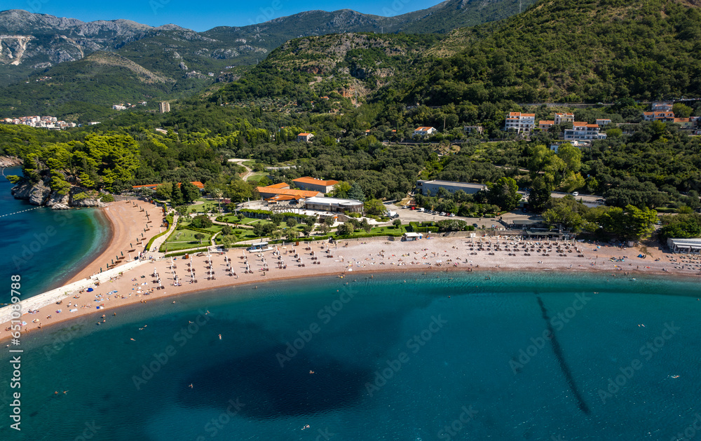  Aerial view of Sveti Stefan beach, Budva, Montenegro from drone. 