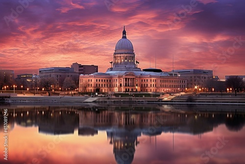 Cityscape, twilight, Missouri river, state capitol. Generative AI photo