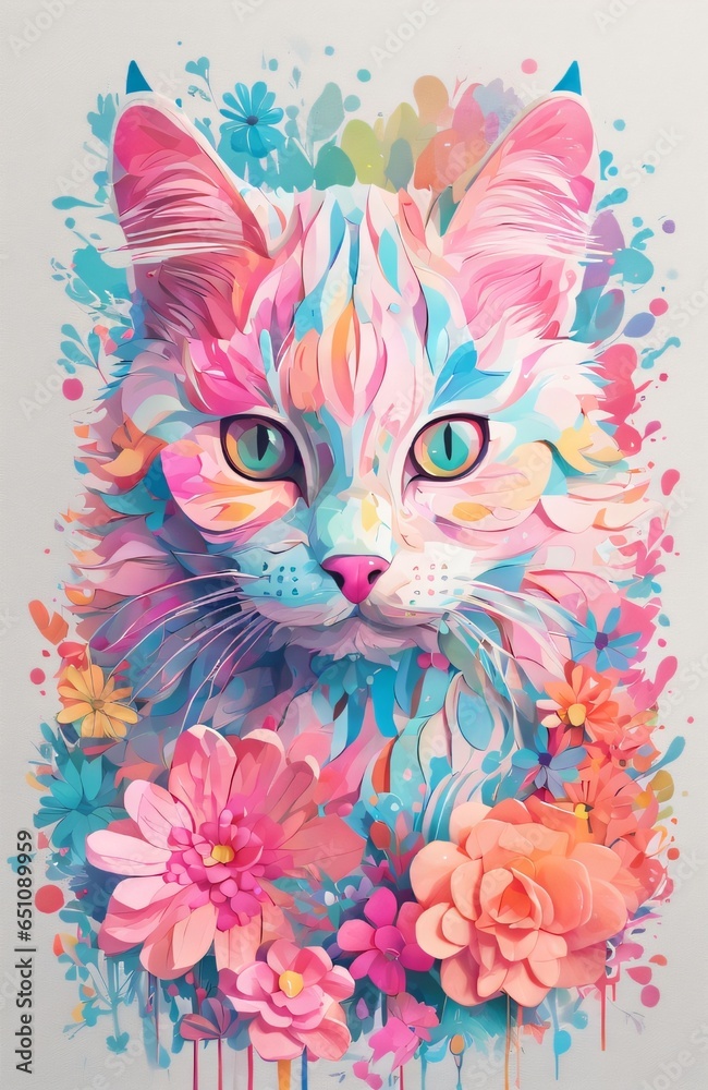 painting of a colorful cat with blue eyes psychedelic art made of flowers digital illustration color Generative AI painting of a colorful cat with blue eyes psychedelic art made of flowers digital illustration color Generative AI