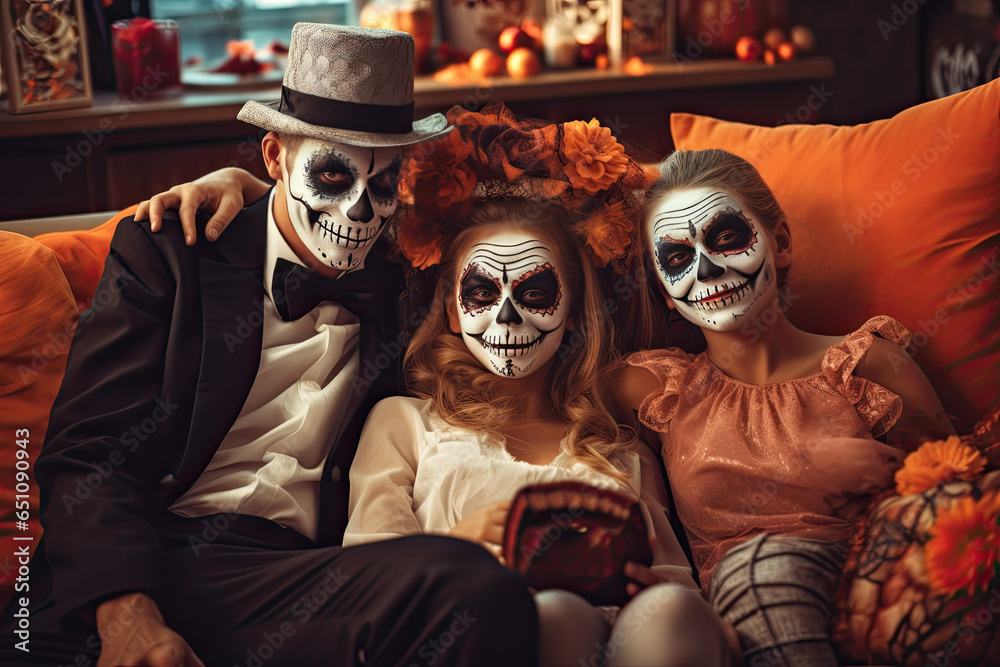 familia con cara maquillada de calaveras y disfrazada para fiesta de halloween, sentados en salón decorado con calabazas y velas familia con cara maquillada de calaveras y disfrazada para fiesta de halloween, sentados en salón decorado con calabazas y velas