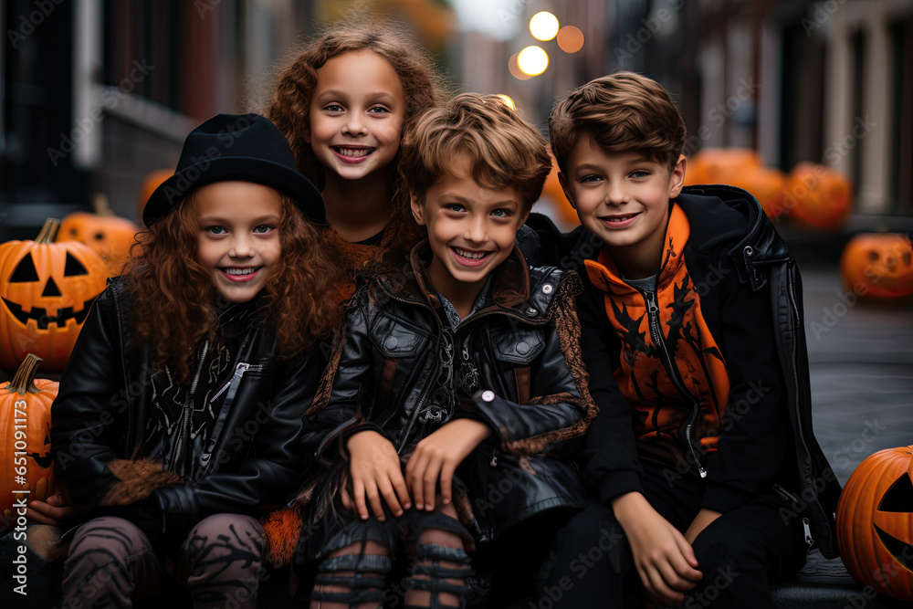grupo de niños rodeados de calabazas disfrutando de la fiesta de halloween en calle con fondo desenfocado, concepto halloween grupo de niños rodeados de calabazas disfrutando de la fiesta de halloween en calle con fondo desenfocado, concepto halloween