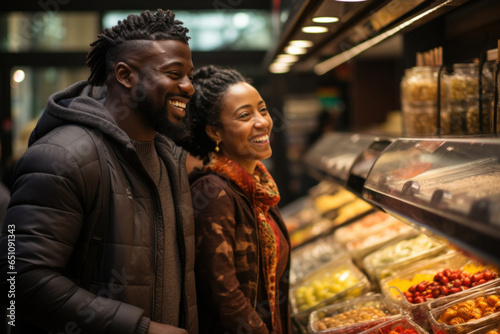 Man and woman are choosing food for dinner in a supermarket