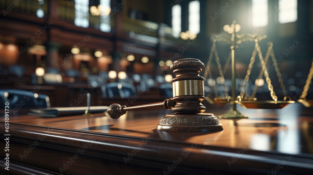 Law and justice symbols. Bokeh background