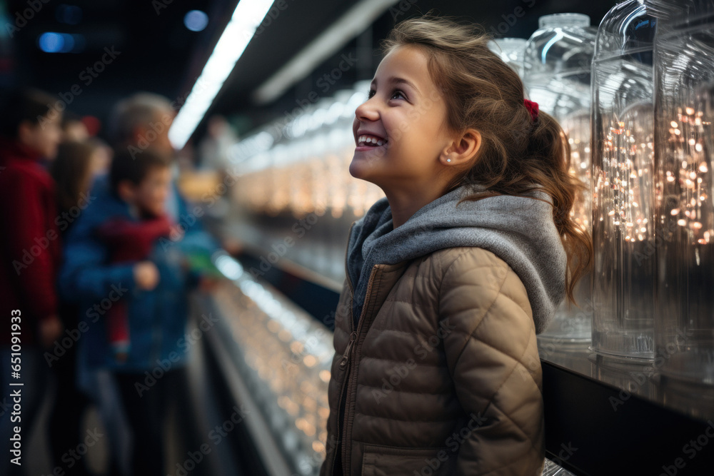 Fototapeta premium Little girl child in grocery department of supermarket