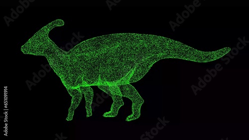 3D dinosaur Parasaurolophus on black background. Object made of shimmering particles. Wild animals concept. For title  text  presentation. 3d animation.