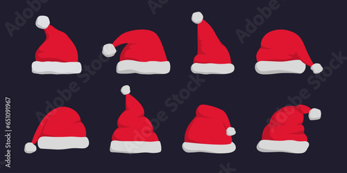 Santa Claus hat icons in cartoon style. Christmas Santa cap collection. Cartoon red Santa Claus hat. Winter holiday caps