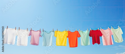 Sun and blue sky backdrop with T shirts on clothesline