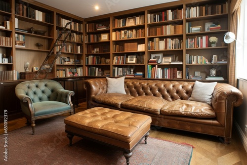 Custom wood bookcase, leather sofa & oak parquet floor. Generative AI