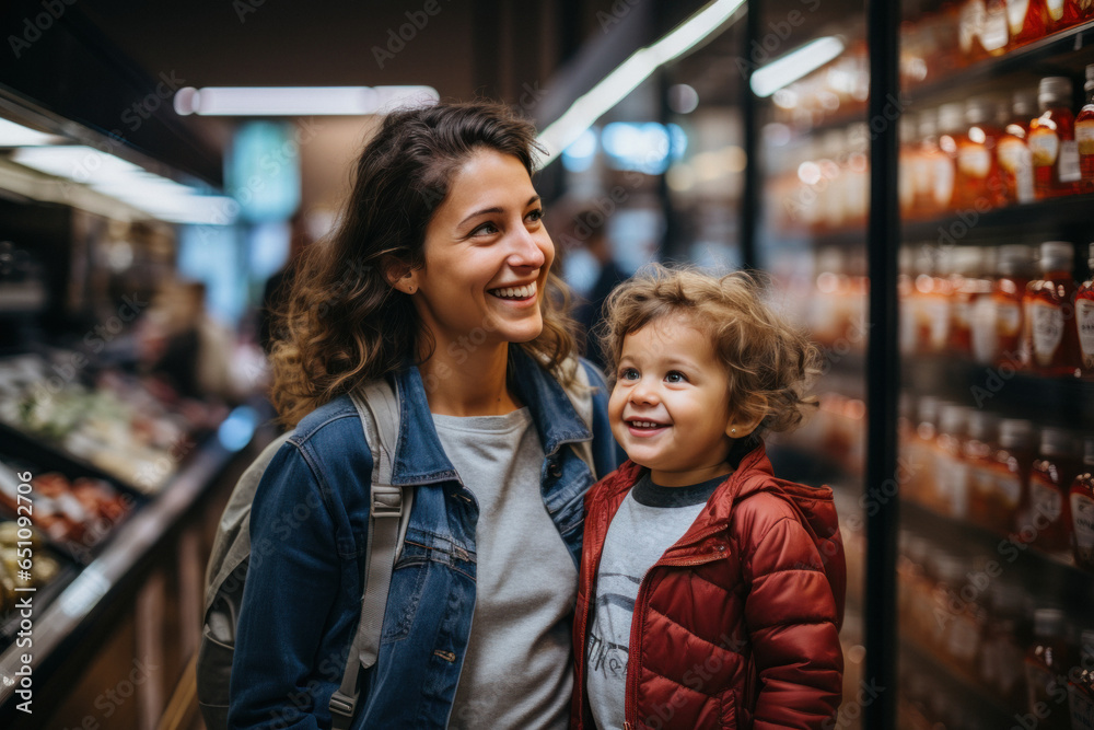 Family with mom and little daughter shopping in a grocery store Family with mom and little daughter shopping in a grocery store