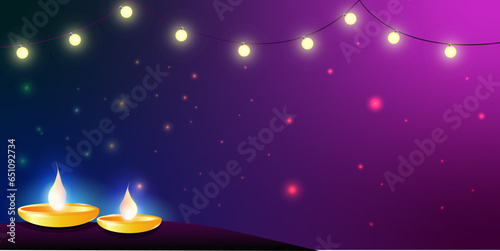 Vector horizontal banner for festival of lights Diwali with border of realistic garlands. Festive purple background for design of flyer of Indian Hindu holiday Deepavali with shiny glowing bulbs.