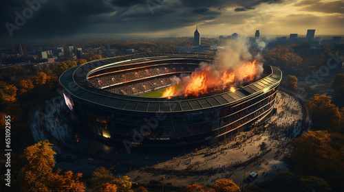 Burning stadium.