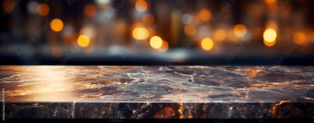 marble countertop with christmas lights background. Generative Ai
