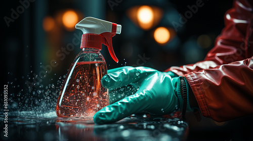Hand with antibacterial spray bottle wearing gloves. photo