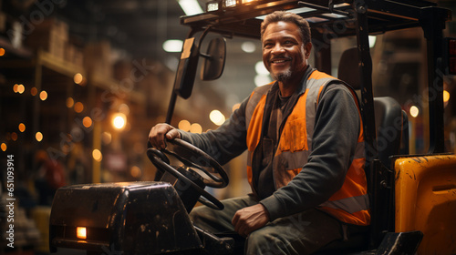 Man rides a forklift in a warehouse.