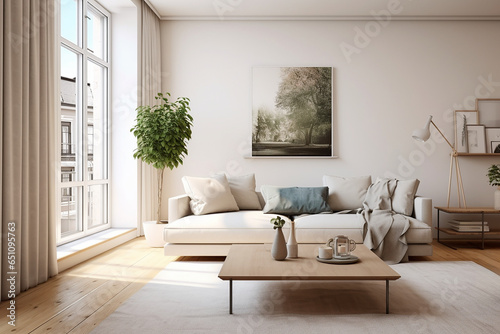 A living luxurary room of a beautiful bright modern Scandinavian style house  generative AI  