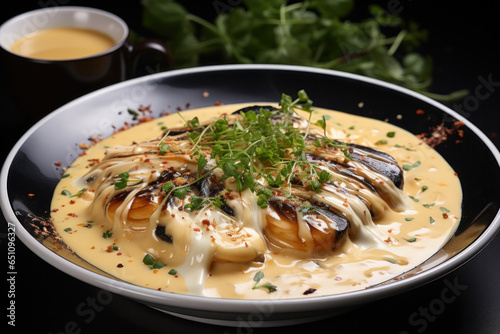 Mussels with herbs in a bowl with lemon and French fries on a wooden board. Seafood.