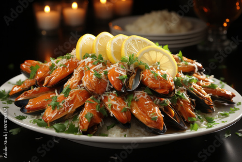 Mussels with herbs in a bowl with lemon and French fries on a wooden board. Seafood.