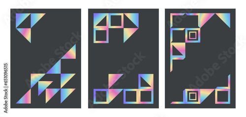 Set of vector abstract geometric backgrounds with shiny holographic effect. Minimal geometric compositions.