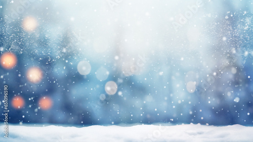 snowy Christmas  background with blur effect, falling snow flakes and sun rays © andreusK