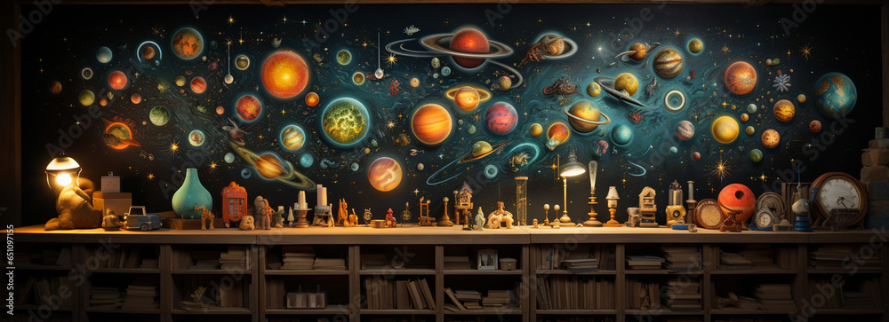 school wallpaper with a blackboard that showcases a vibrant, educational solar system illustration - obrazy, fototapety, plakaty 