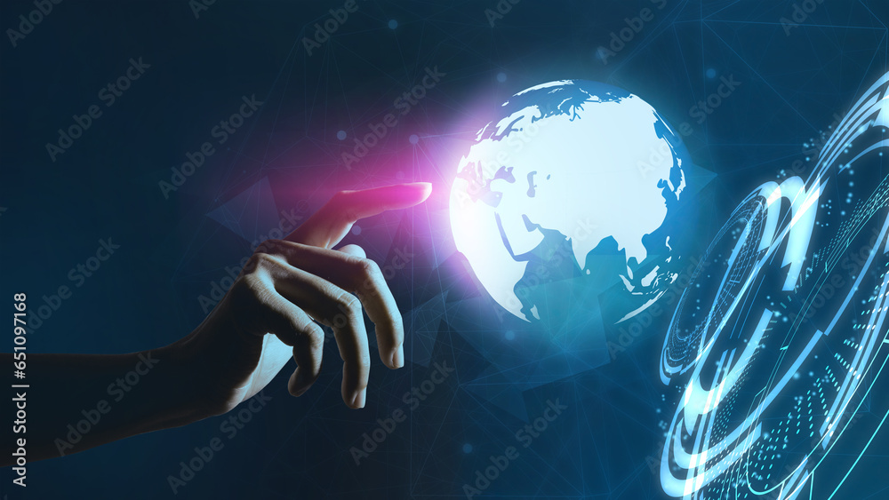 Hand point to global internet technology to connect people.Business global, social media and digital marketing.Technology and futuristic dark blue color background. Hand point to global internet technology to connect people.Business global, social media and digital marketing.Technology and futuristic dark blue color background.