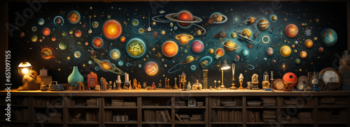 school wallpaper with a blackboard that showcases a vibrant, educational solar system illustration photo