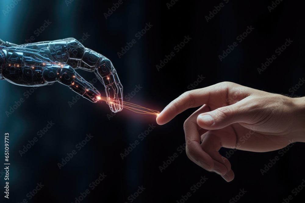 Human hand connecting with AI robot hand.
