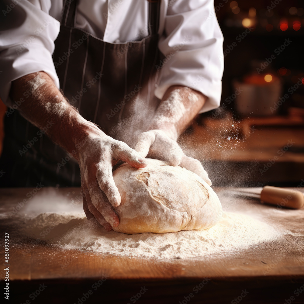 Baker cooking bread. Man slaps flour over the dough. Man Making bread.