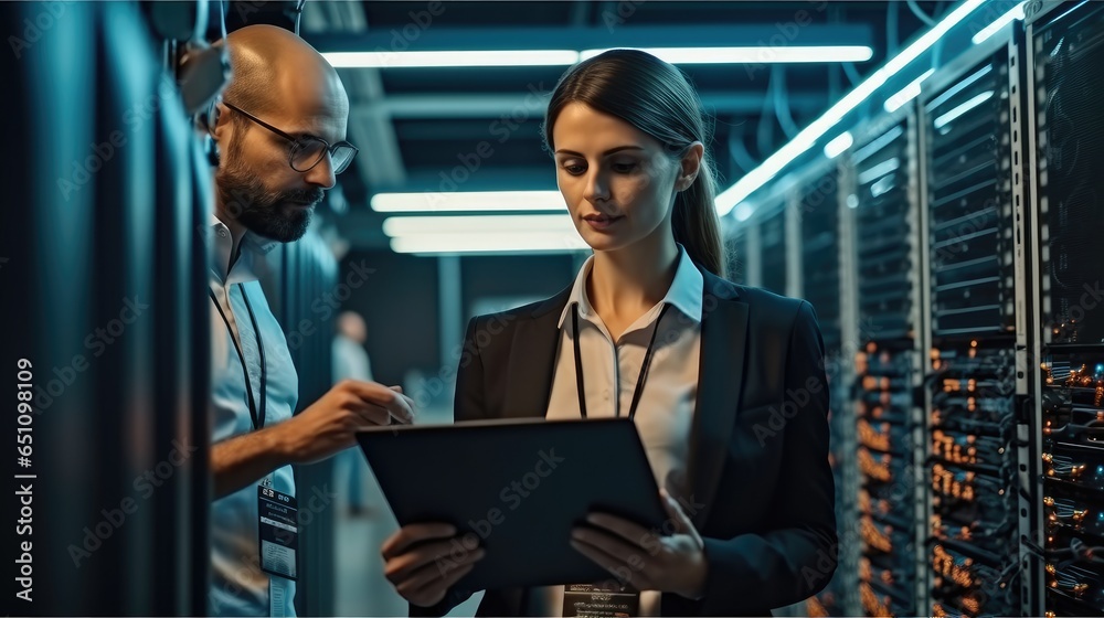 Two IT administrator man and woman using a digital tablet while working in a data centre. Two IT administrator man and woman using a digital tablet while working in a data centre.