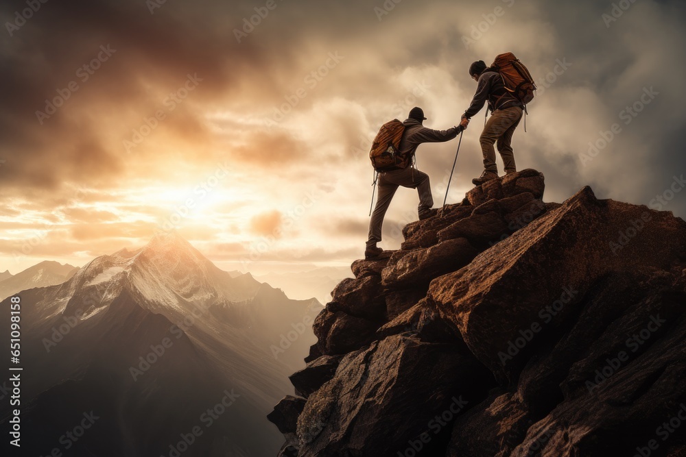 Mountaineer helping friend to the summit of a mountain at sunset - obrazy, fototapety, plakaty 