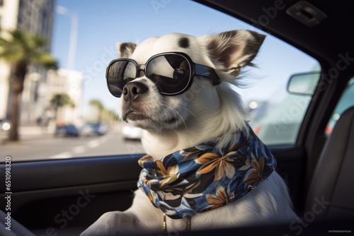 Cool dog in shades enjoying the view from a moving car window