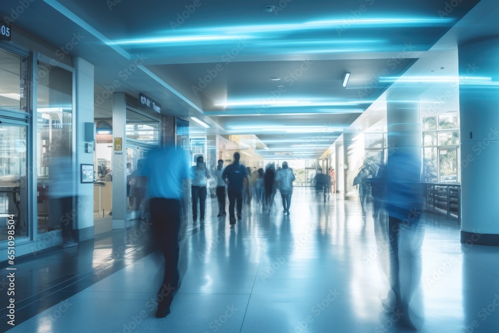 Busy modern office corridor with blurred office workers and light trails Busy modern office corridor with blurred office workers and light trails