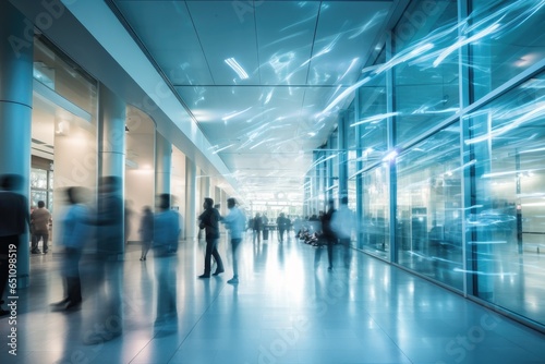 Busy modern office corridor with blurred office workers and light trails 
